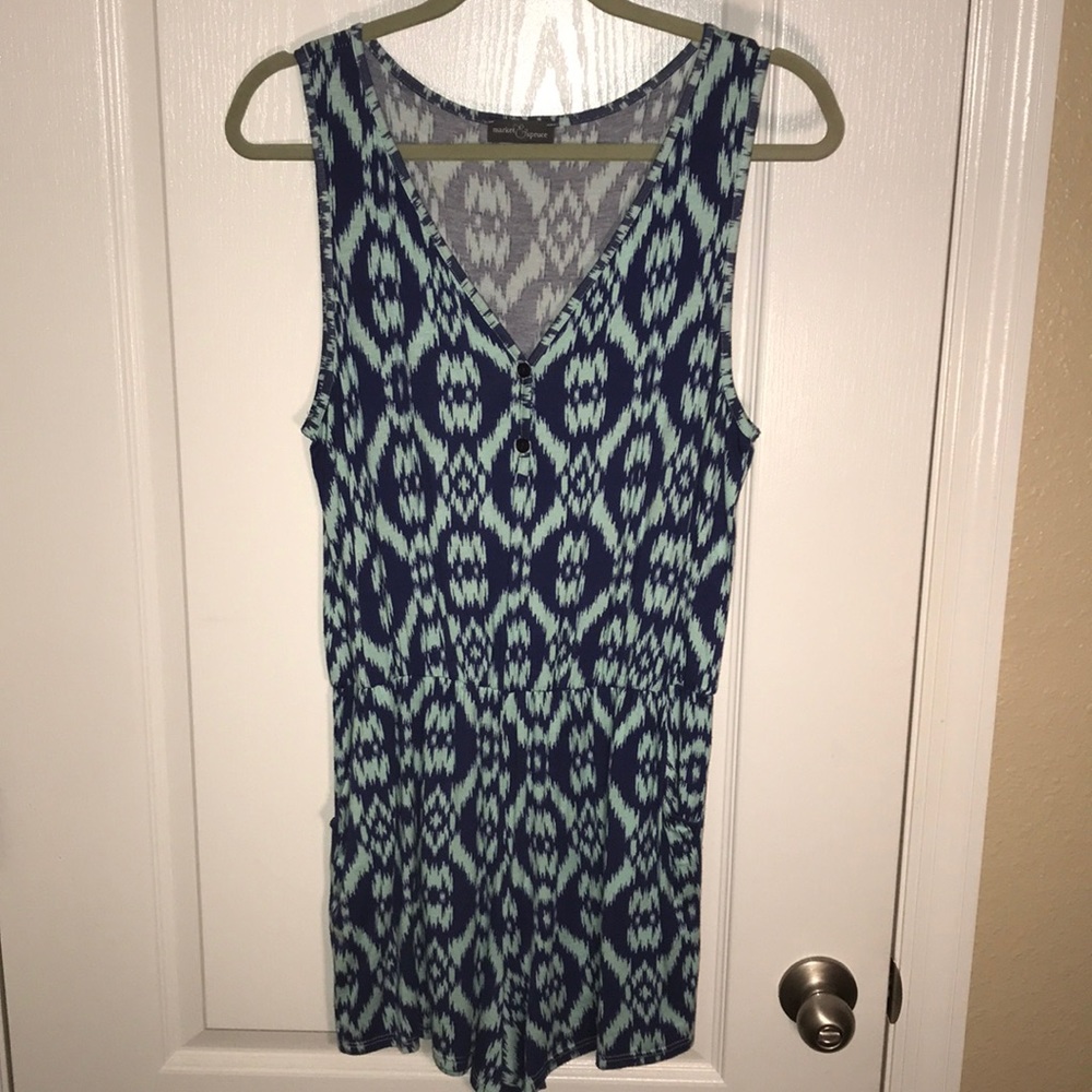 Blue and turquoise patterned romper w/ pockets